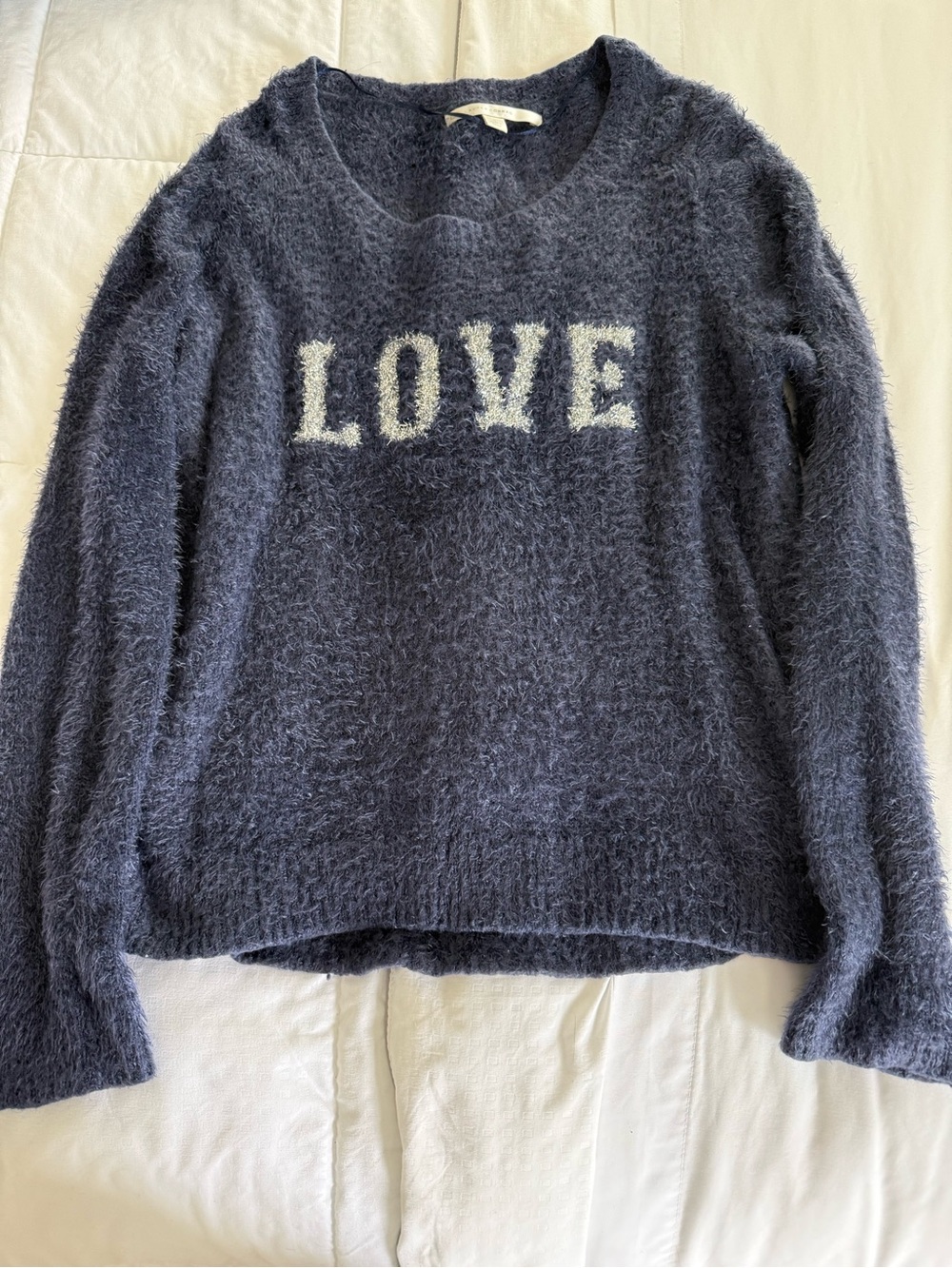 LC Lauren Conrad “LOVE” Fuzzy Bouclé Sweater - Navy - Size L